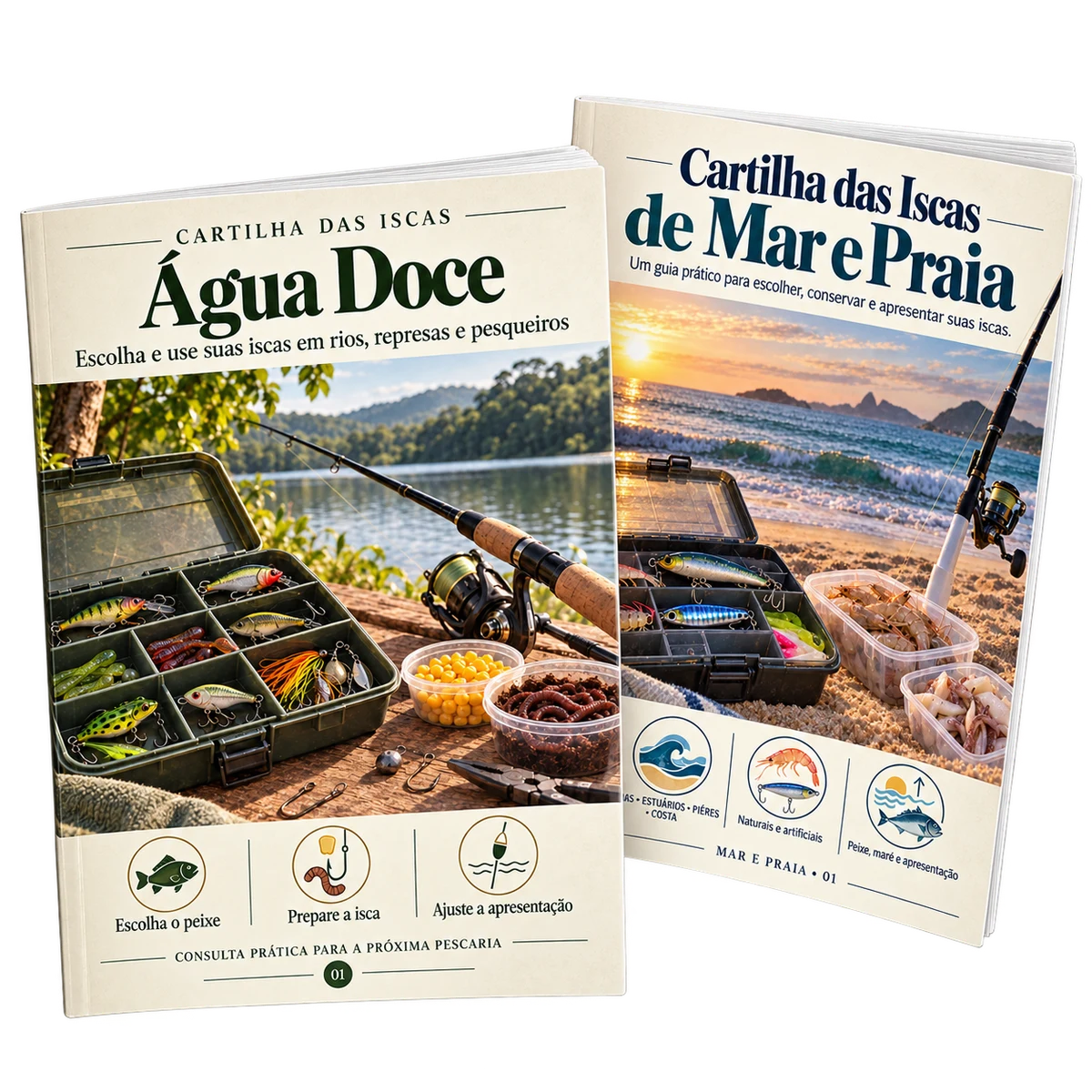 Capas reais das Cartilhas das Iscas de Água Doce e de Mar e Praia