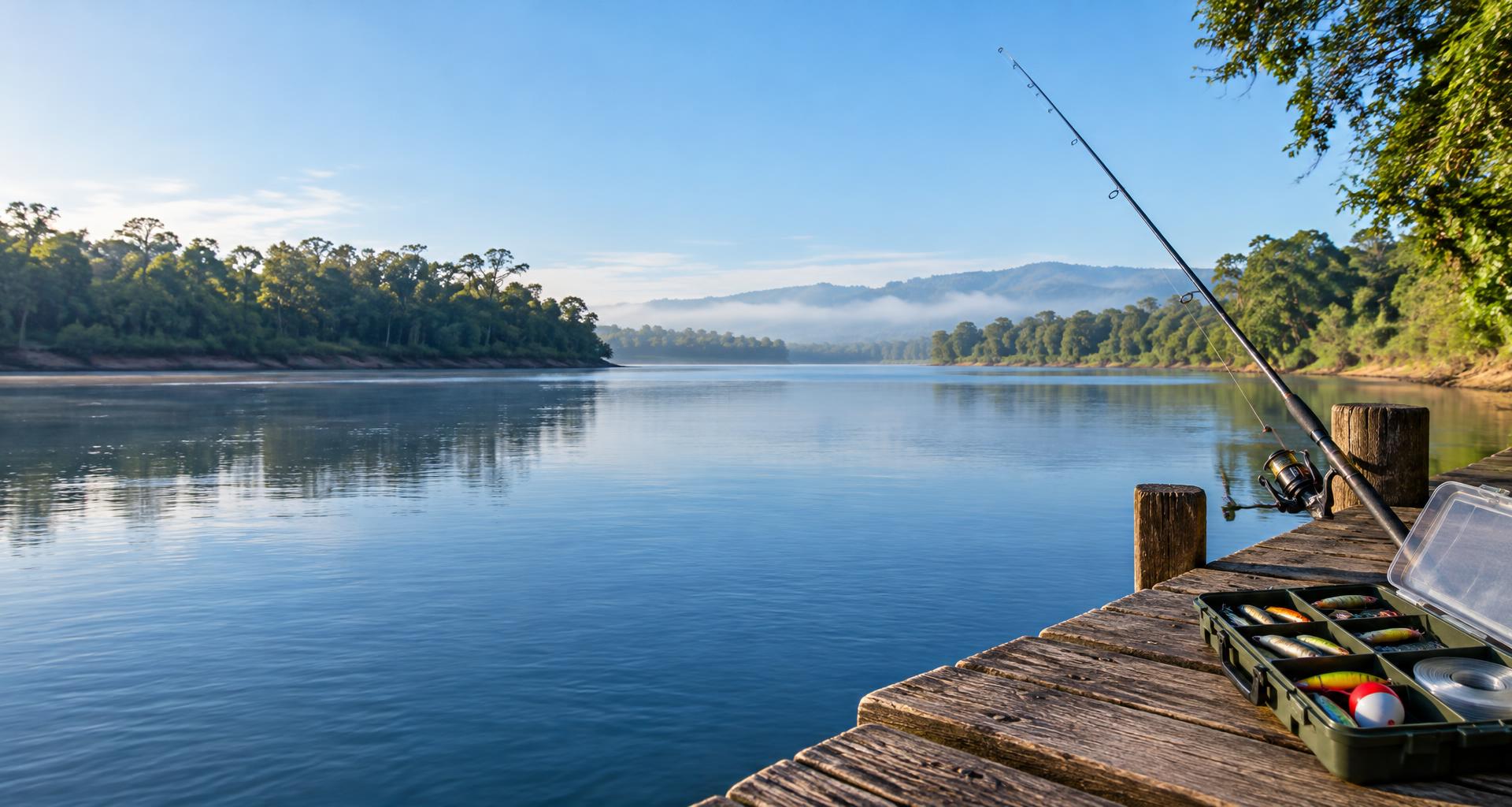 Rio com vara de pesca e caixa de iscas no píer